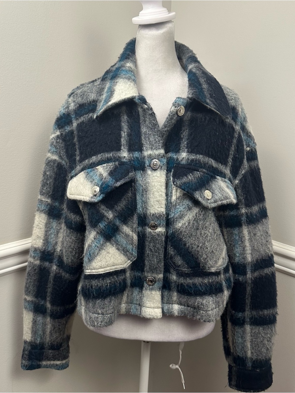 Bershka Blue & Gray Plaid Utility Jacket L